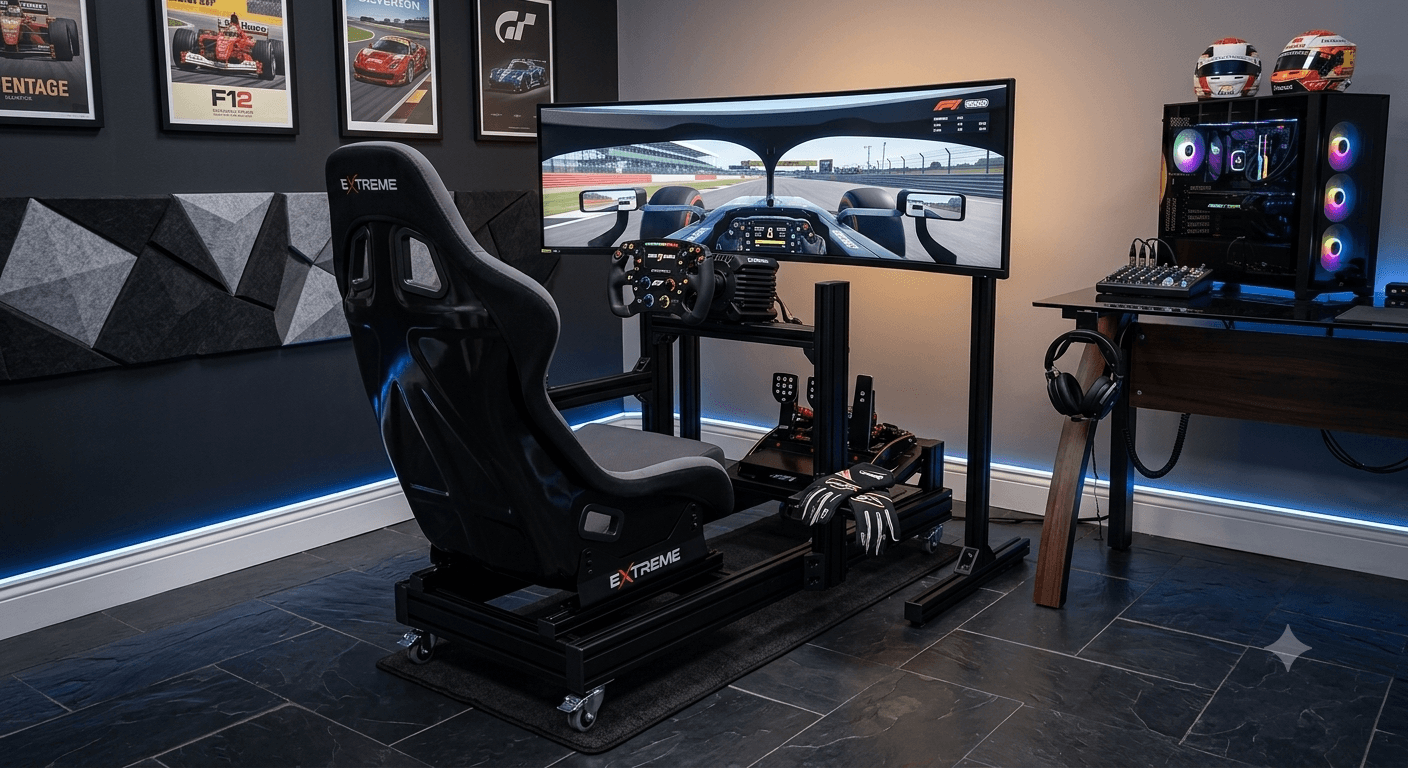 A sim racing rig with a curved ultrawide monitor and racing bucket seat