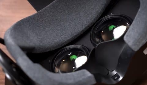 Close-up of the lenses inside a Pimax Crystal Light VR headset